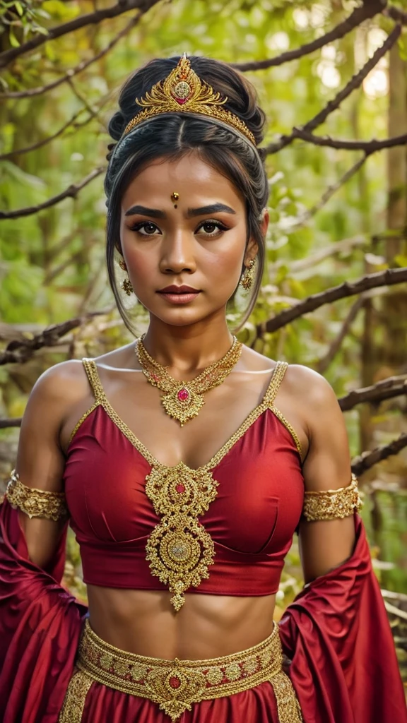 create a hyper realistic photo a beautiful indonesian woman as a hero in dynasty kingdom of majapahit, wearing small gold neklace like a queen, wearing red kemben ,long black hair with bun, doing floating meditation, energy bursts from around of her body, unreal engine 5, absurdres, volumetric mixed color line blue red white lighting around her body, eyes to camera, rainforest background