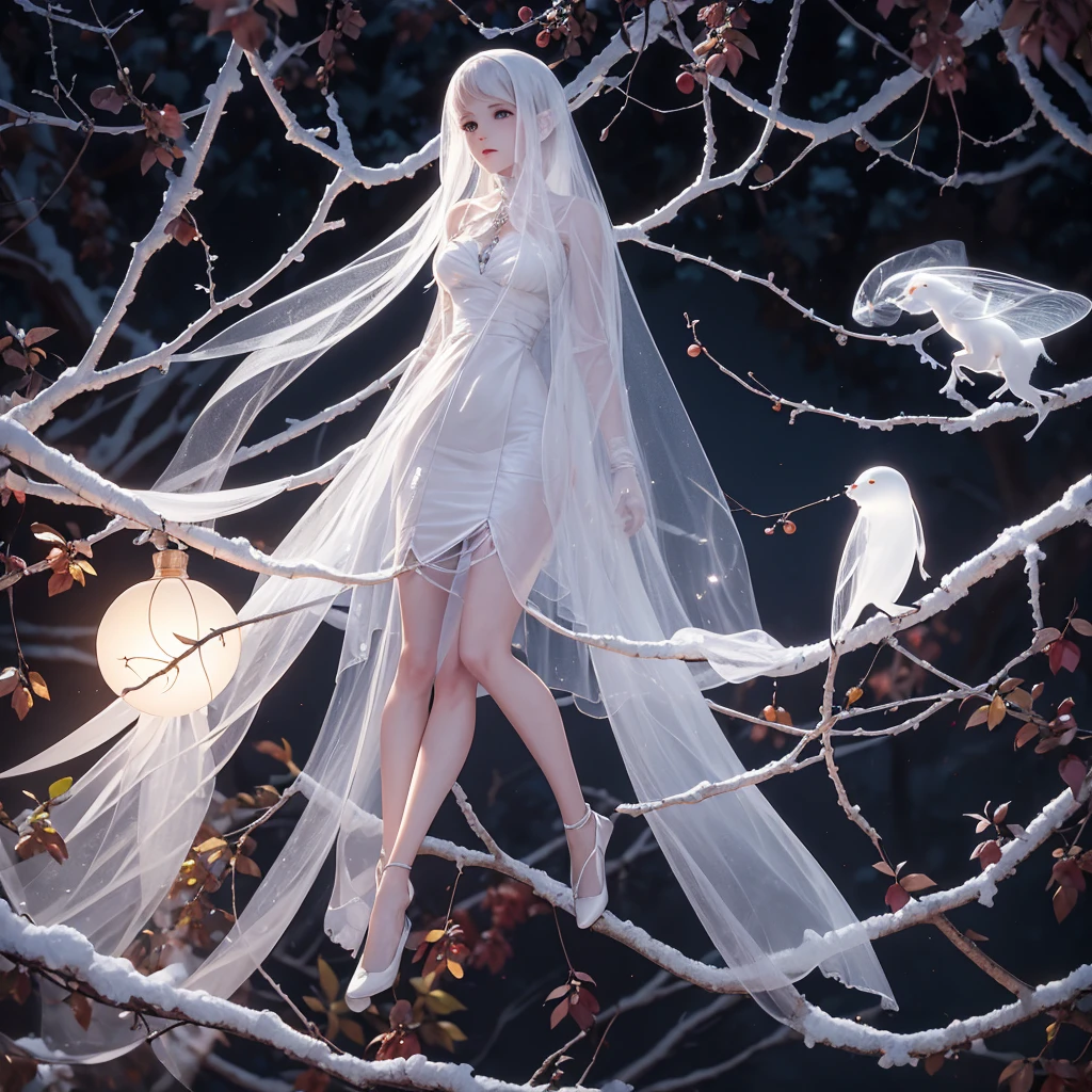 classic ghost, white transparent female flies entangled in tree branches, twilight
