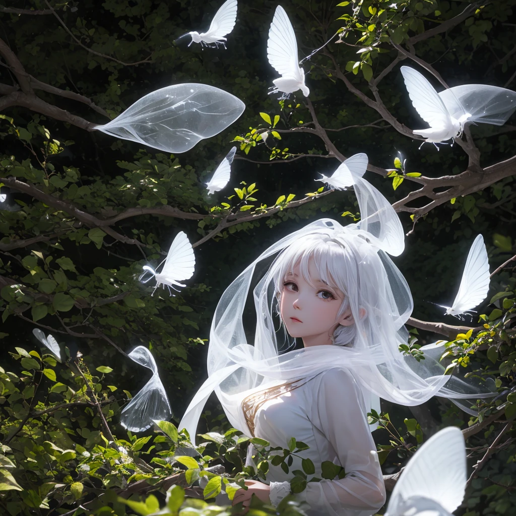 classic ghost, white transparent female flies entangled in tree branches, twilight
