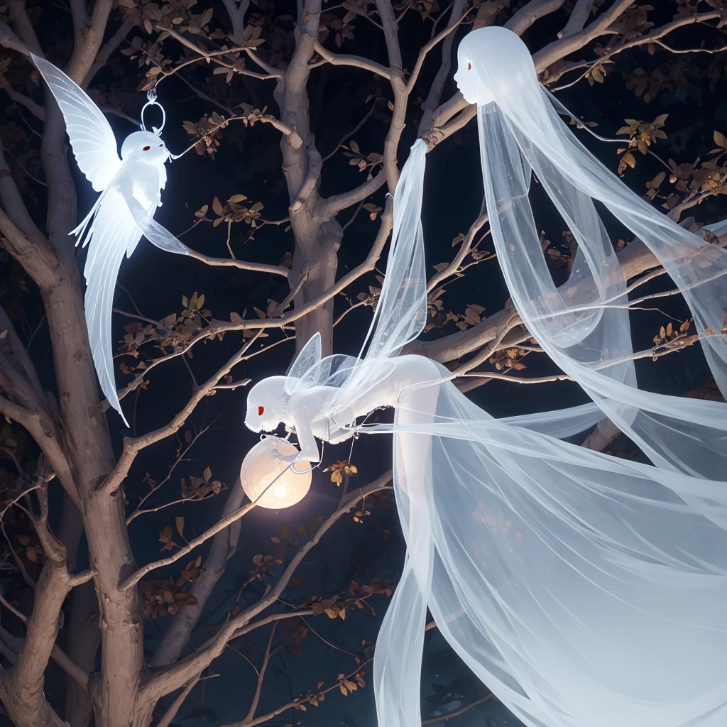classic ghost, white transparent female flies entangled in tree branches, twilight