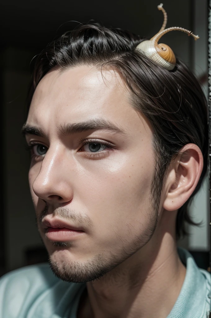Man with snail head, looking at side