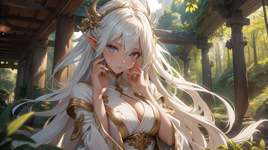1 girl, Beautiful girl, White hair, "Elf with a captivating look, unearthly beauty, flowing golden hair, pointed ears, dressed in elaborate elven attire, surrounded by a mystical forest, soft sunlight, breaking through lush greenery.", Asian skin tone, Beautiful eyes, beautiful asian face, , long hair, masterpiece, , realistic hair, a lot of hair, White hair, depth of field, point of interest, depth of field is masterpiece, best photography composition masterpiece,  rule of third masterpiece photography, daylight, photography masterpiece daylight from side, realistic skin texture, strong reflection, ( pose pinterest) masterpiece beautiful, Devil's Horns, smooth pixel, ray of light, soft light, permission 8k、complex parts、Toned waist、Wide buttocks、Эффект Тиндаллаmasuter piece、top quality、Highest standards、Highest image quality、table、complex parts、A high resolution、depth of field、natural soft light、professional lighting、about, standing, very long hair, cowboy shot, brilliant, brilliant hair, (night:1.2),Dreamy, [[gentle fingers and hands:0.55]::0.85],(detailed fingers),),(emotional),(breathtaking),(main part:1.2) whole body.), (Anime Style), (Super Detailed), (brutal), (uhd, HDR), (8K), (High Resolution: 1.2), (Complex and Beautiful: 1.2)