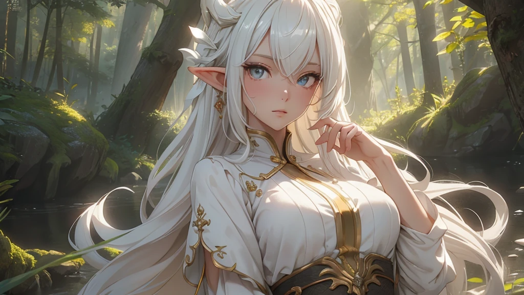 1 girl, Beautiful girl, White hair, "Elf with a captivating look, unearthly beauty, flowing golden hair, pointed ears, dressed in elaborate elven attire, surrounded by a mystical forest, soft sunlight, breaking through lush greenery.", Asian skin tone, Beautiful eyes, beautiful asian face, , long hair, masterpiece, , realistic hair, a lot of hair, White hair, depth of field, point of interest, depth of field is masterpiece, best photography composition masterpiece,  rule of third masterpiece photography, daylight, photography masterpiece daylight from side, realistic skin texture, strong reflection, ( pose pinterest) masterpiece beautiful, Devil's Horns, smooth pixel, ray of light, soft light, permission 8k、complex parts、Toned waist、Wide buttocks、Эффект Тиндаллаmasuter piece、top quality、Highest standards、Highest image quality、table、complex parts、A high resolution、depth of field、natural soft light、professional lighting、about, standing, very long hair, cowboy shot, brilliant, brilliant hair, (night:1.2),Dreamy, [[gentle fingers and hands:0.55]::0.85],(detailed fingers),),(emotional),(breathtaking),(main part:1.2) whole body.), (Anime Style), (Super Detailed), (brutal), (uhd, HDR), (8K), (High Resolution: 1.2), (Complex and Beautiful: 1.2)
