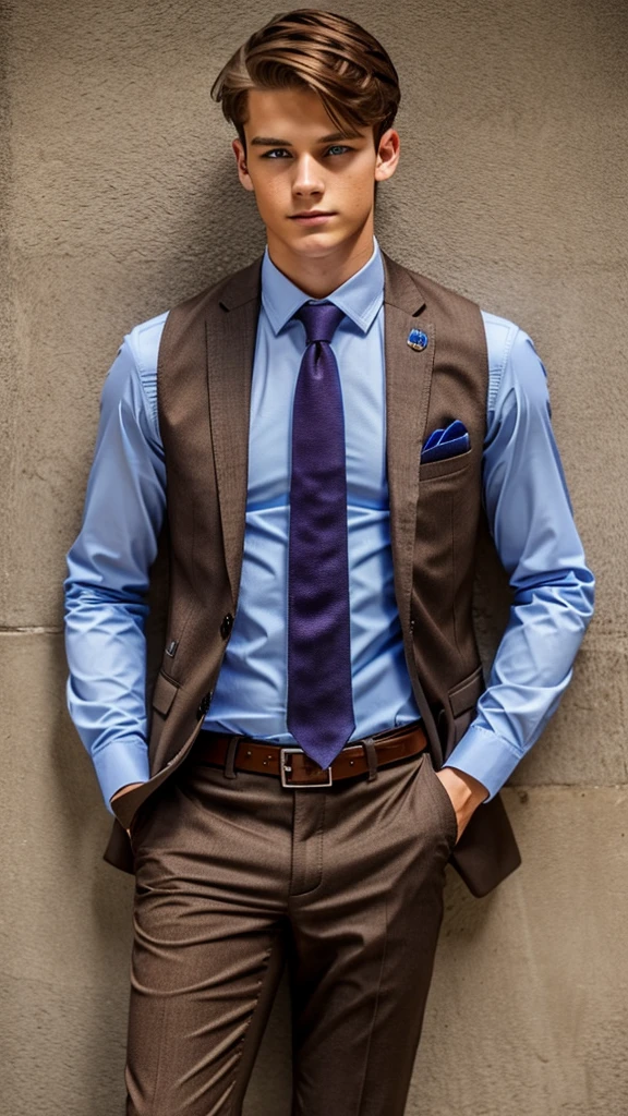 19 year old male wearing tie and lomg sleveed  button up with blazer with belt and tucked in with vest
4K HIGH REZ 

Physical Description: Brown colored hair and skinny build. 5"5 and 150 LB. Blue eyes. 

.