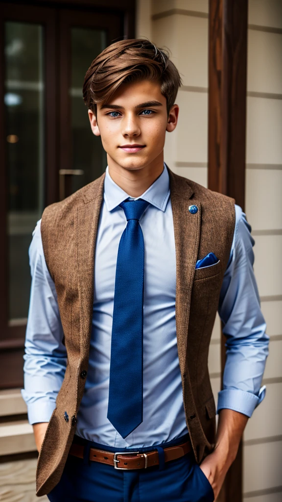 19 year old male wearing tie and lomg sleveed  button up with blazer with belt and tucked in with vest
4K HIGH REZ 

Physical Description: Brown colored hair and skinny build. 5"5 and 150 LB. Blue eyes. 

.