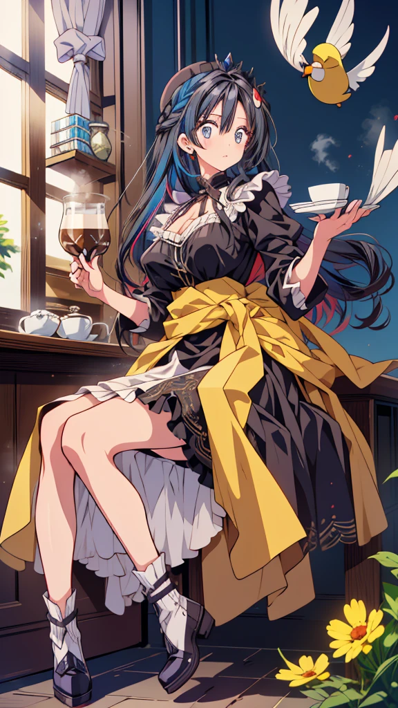 best quality, extremely detailed, anime style adult 1girl, long hair down to the waist, straight hair, ((dark black hair with bluish)),crown braid,beautiful detailed eyes, pinched eyes, dark blue eyes, huge breasts,curvy,(((café motif magical colorful dress))),café decoration,longskirt,Clothing with intricate decorations,feather and colorful accessory,((foppery shoes)),fluttering cloak,animation cap,animated gif,((((café))))