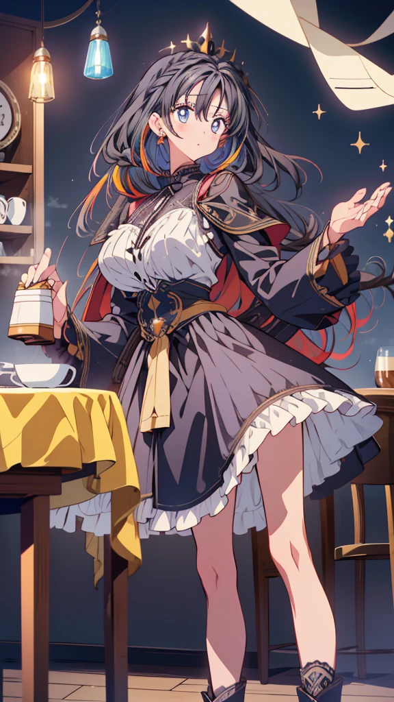 best quality, extremely detailed, anime style adult 1girl, long hair down to the waist, straight hair, ((dark black hair with bluish)),crown braid,beautiful detailed eyes, pinched eyes, dark blue eyes, huge breasts,curvy,(((café motif magical colorful dress))),café decoration,longskirt,Clothing with intricate decorations,feather and colorful accessory,((foppery shoes)),fluttering cloak,animation cap,animated gif,((((café))))