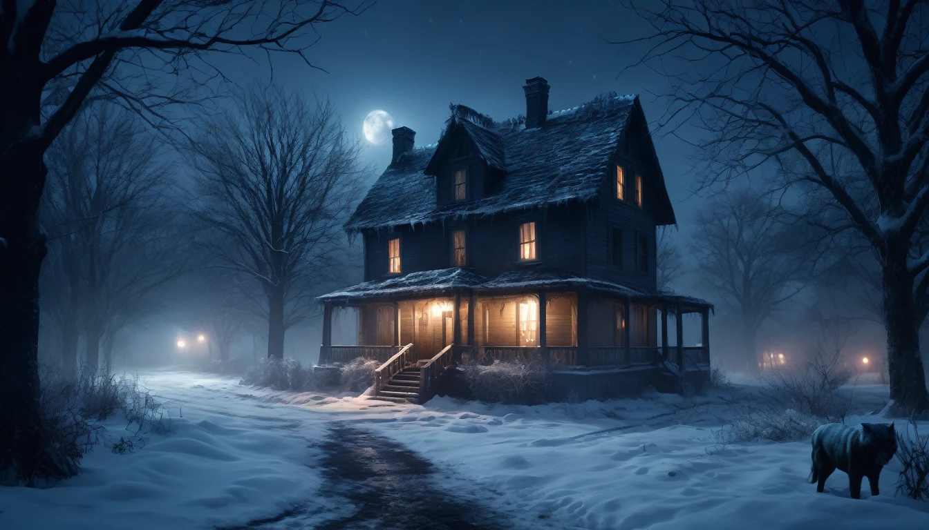 A scary horror image ,It was a cold winter night,   PICTURE REALISTIC, high resolution, 8K 