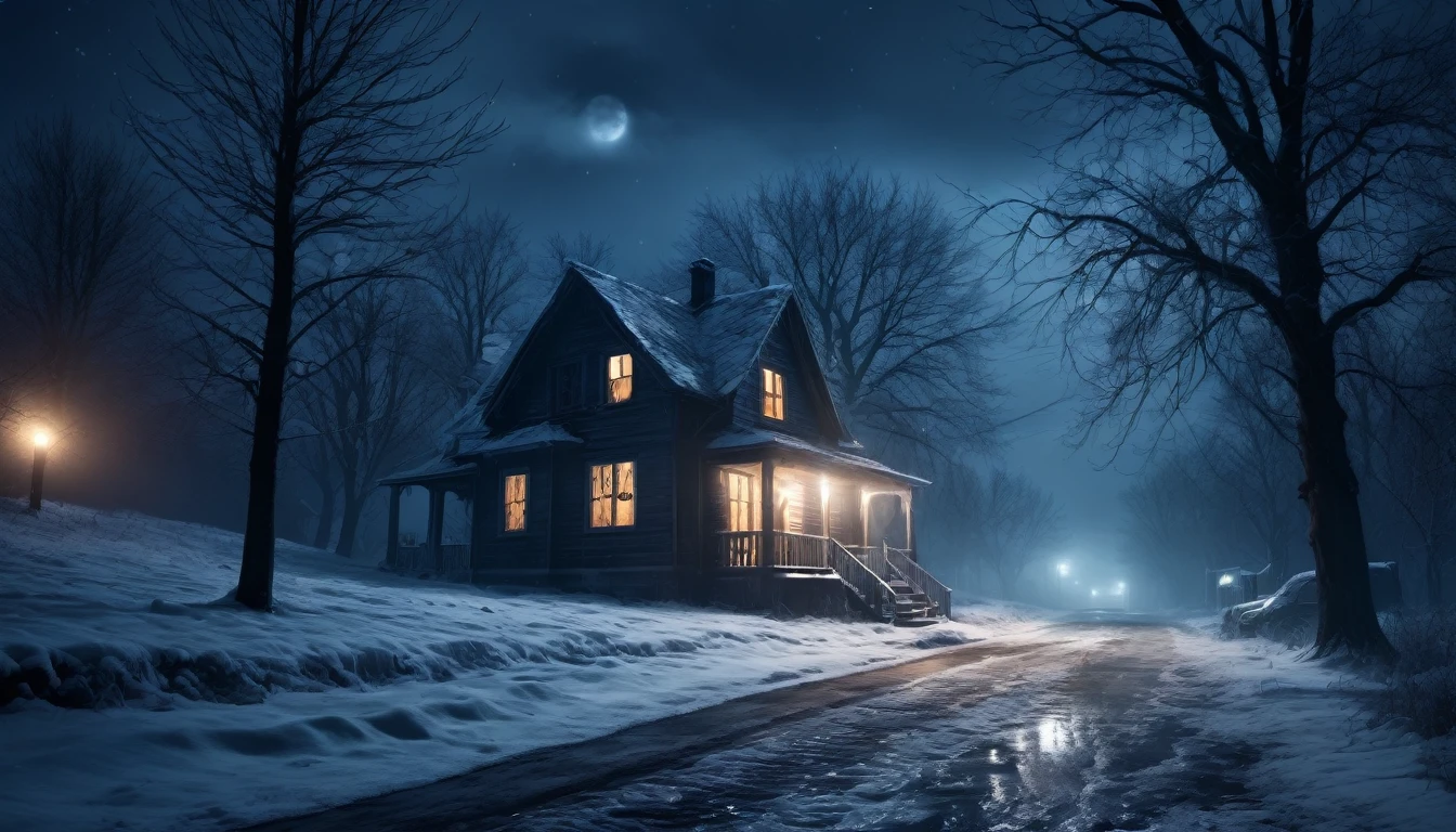 A scary horror image ,It was a cold winter night,   PICTURE REALISTIC, high resolution, 8K 
