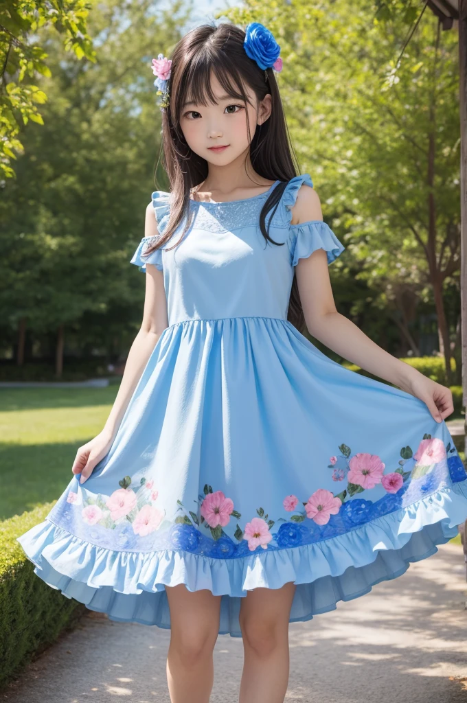  with a blue and pink flower dress
