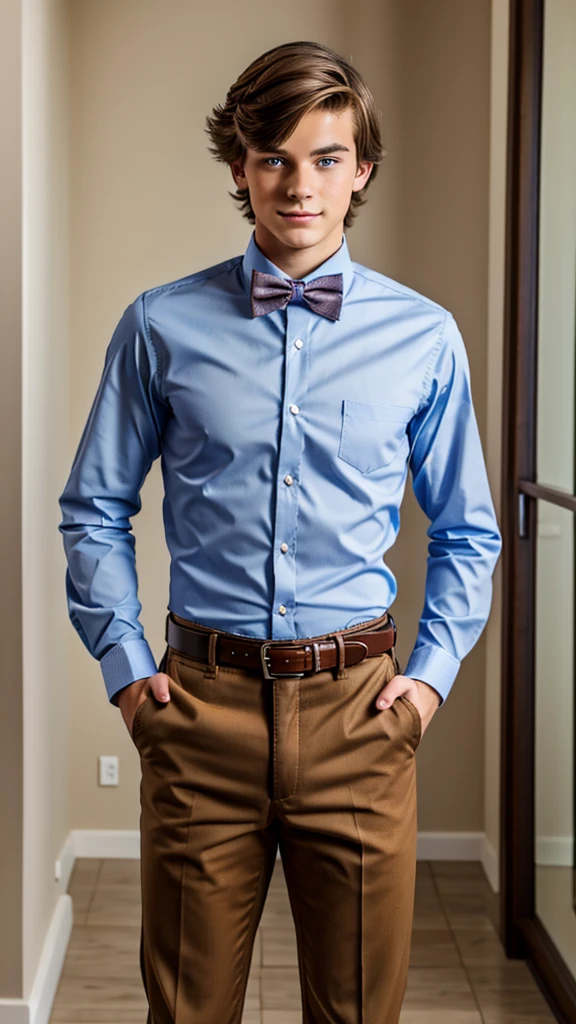 19 year old male wearing bow tie and lomg sleveed button up with belt and tucked in
4K HIGH REZ 

Physical Description: Brown colored hair and skinny build. 5"5 and 150 LB. Blue eyes. 

.