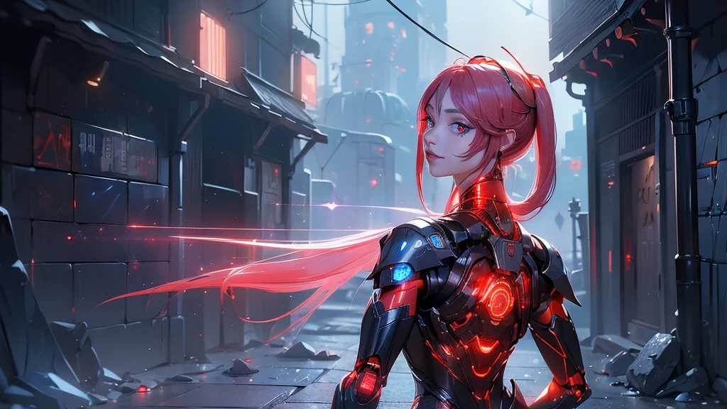 (back view, back view),,(masterpiece:1.4), ((Best quality:1.4 ),,Ariana Granfrom, (Organic cyborgs:1.4) , charming smile,(red plastic:1.4) , diffuse lighting, elegant, difficult, elegant, muy fromtallado, natural, Photorealistic, Digital paint, estaciones from arte, illustration, conceptual art, seeds, sharp focus, El arte from John Collier y Albert Obright y Krenz Kusart y Artem Demura,foto froml cuerpo, (background alley walls big stones night cyberpunk :1.4), (ojos fromtailed azules :1.4), (perfect anatomy), {-error_from_anatomy:1.0}, (bright colors), (red cyborg, human hybrid :1.4), Evening, (beautiful artificial intelligence transparent red:1.4)