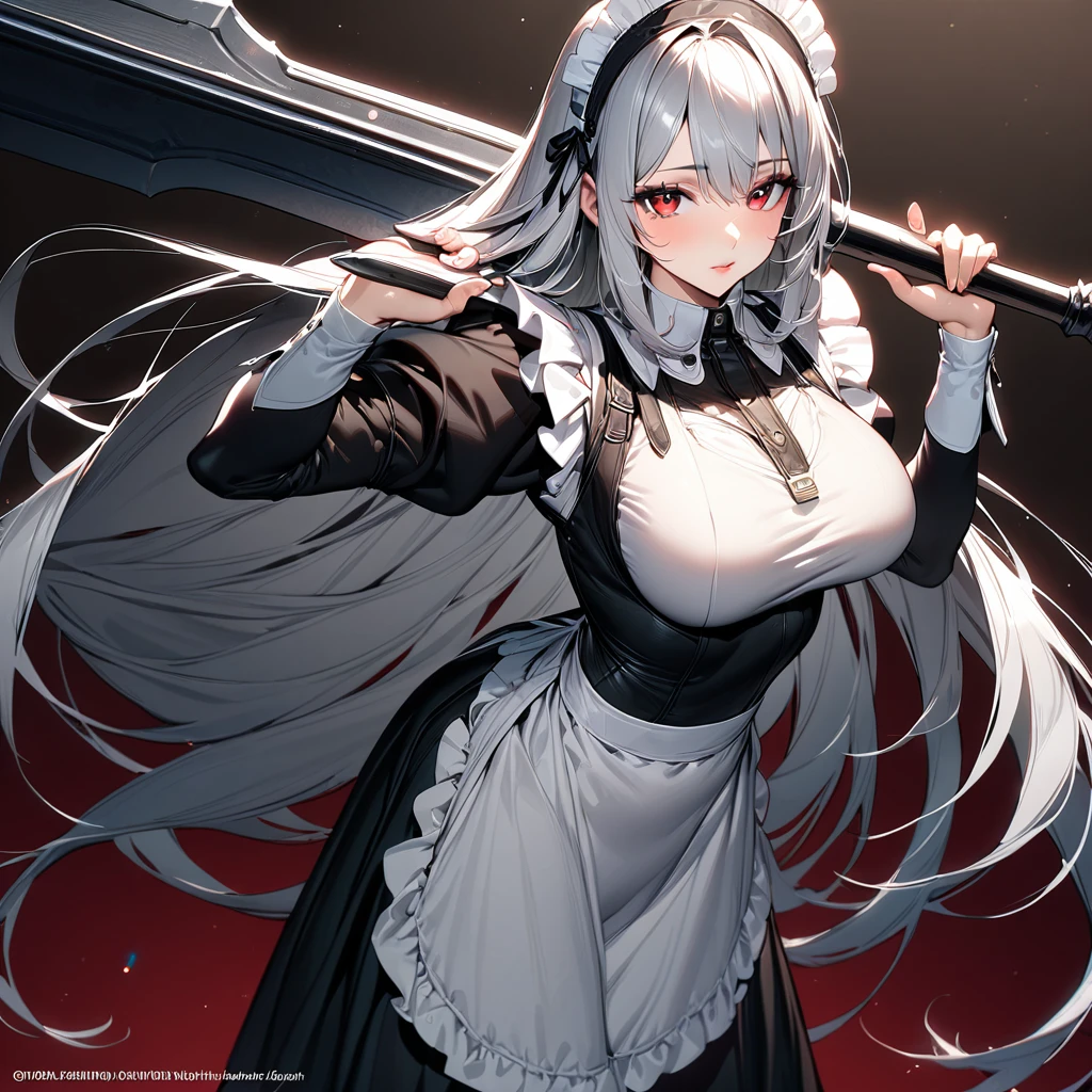 (masterpiece),(Highest quality),(Super detailed),(Best illustrations),(so beautiful), Beautiful Eyes, Perfect Face, Perfect hands, Perfect Fingers, hanging breasts, so beautiful長い脚, Silver Hair, Red eyes, Very long hair, pantyhose, Maid, headdress, apron, Long skirt, holding weapon, greatsword, carrying over shoulder