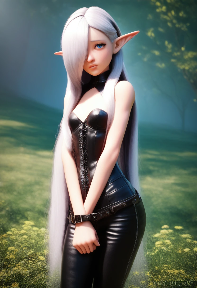 a detailed gnome girl with pale skin, short stature, and very long silver hair that curls at the ends, covering one eye, with small breasts, pouty lips, and bright blue anime-style eyes with long lashes, wearing a corset, white puffy long sleeved shirt, and puffy cloth pants, leather bound boots, set in a windy fantasy landscape, (best quality,4k,8k,highres,masterpiece:1.2),ultra-detailed, dungeons and dragons, long elf ears, small girl, detailed skin and cloth textures, cute detailed face, intricate details, extremely detailed, 1girl, dynamic pose with hair covering one eye, shy personality, cloth pants with leather belt, detailed buccaneer outfit
