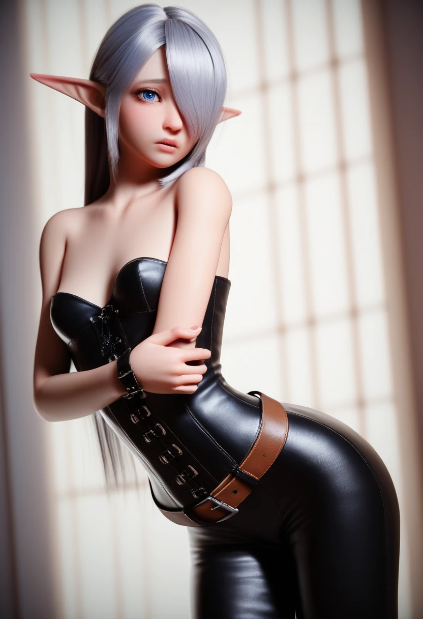 a detailed gnome girl with pale skin, short stature, and very long silver hair that curls at the ends, covering one eye, with small breasts, pouty lips, and bright blue anime-style eyes with long lashes, wearing a corset, white puffy long sleeved shirt, and puffy cloth pants, leather bound boots, set in a windy fantasy landscape, (best quality,4k,8k,highres,masterpiece:1.2),ultra-detailed, dungeons and dragons, long elf ears, small girl, detailed skin and cloth textures, cute detailed face, intricate details, extremely detailed, 1girl, dynamic pose with hair covering one eye, shy personality, cloth pants with leather belt, detailed buccaneer outfit