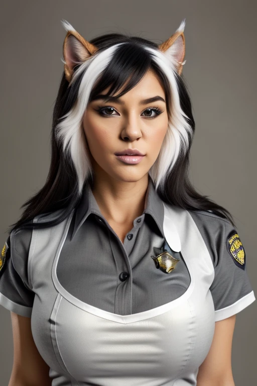 (masterpiece, realistic:1.3), (high quality, detailed:1.3), (huge breasts:1.2), (muscular female:0.8), (catgirl, anthro. no human, furry:1.4), (grey collared shirt, police uniform:1.2), (cleavage), (portrait, upper body, blank background:1.1), felinaferal, black hair, (white hair:0.8), two-tone hair, long hair