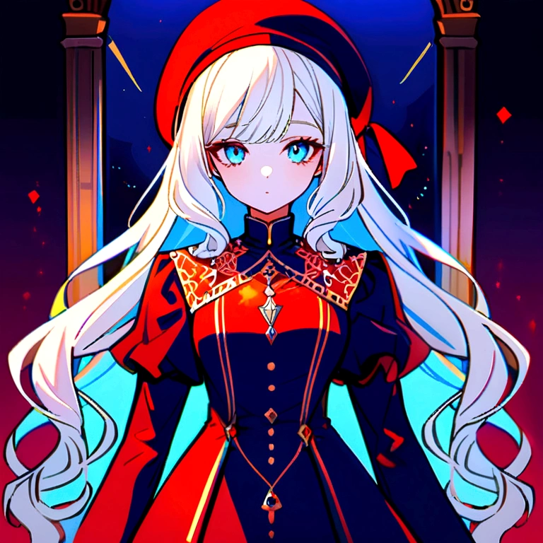 a brunette, with white hair and super long sapphire blue locks, bright blue eyes, wears a red beret and red mushroom aestetick clothing