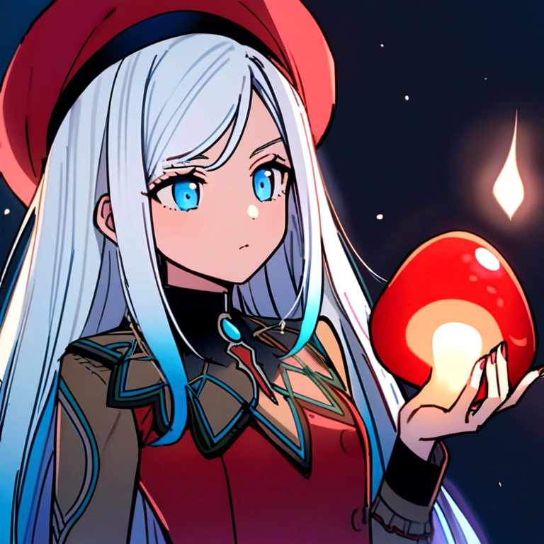 a brunette, with white hair and super long sapphire blue locks, bright blue eyes, wears a red beret and red mushroom aestetick clothing