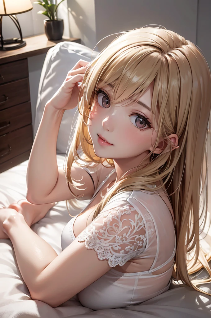 Best Quality,High resolution,8K,finelity detailed background,Masterpiece:1.2),beautiful girl,Shiny khaki hair,messy hair,khaki eyes,Gentle look,A refreshing look,Best quality,Best Quality,Aesthetic and aesthetic:1.2,Best details((Super detailed))(High-definition CG illustrations),White underwear (black,intricate lace),bodystocking,Slender body,morning,morning日,Bedroom,On the bed,smile,blush,cute,Scrounge,Looking up,Being spoiled,super model,wariza,shoot from below