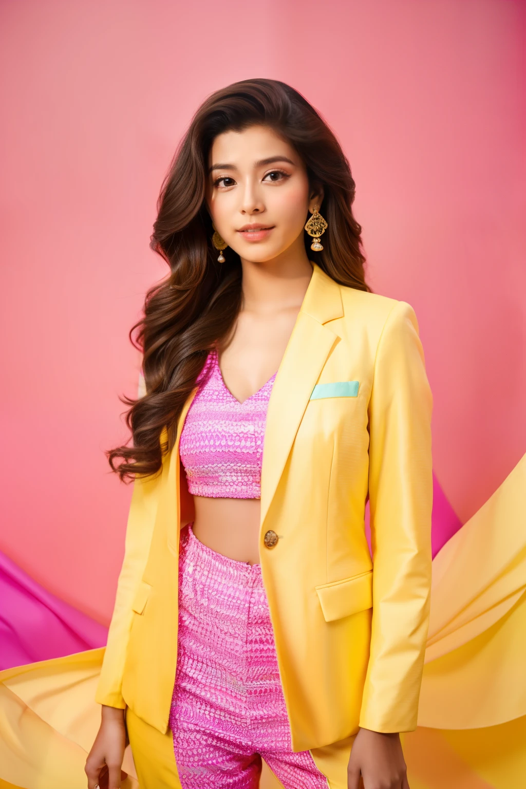 A beautiful 20-year-old indian woman with wavy brown hair, wearing a bold and pink yellow geometric suit. Colorful atmosphere, photo studio, artistic.