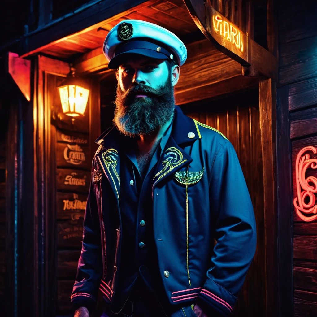 charismatic, sinister bearded sailor, open jacket, cap in half profile, at night, enters the entrance of a tavern, neon dark art