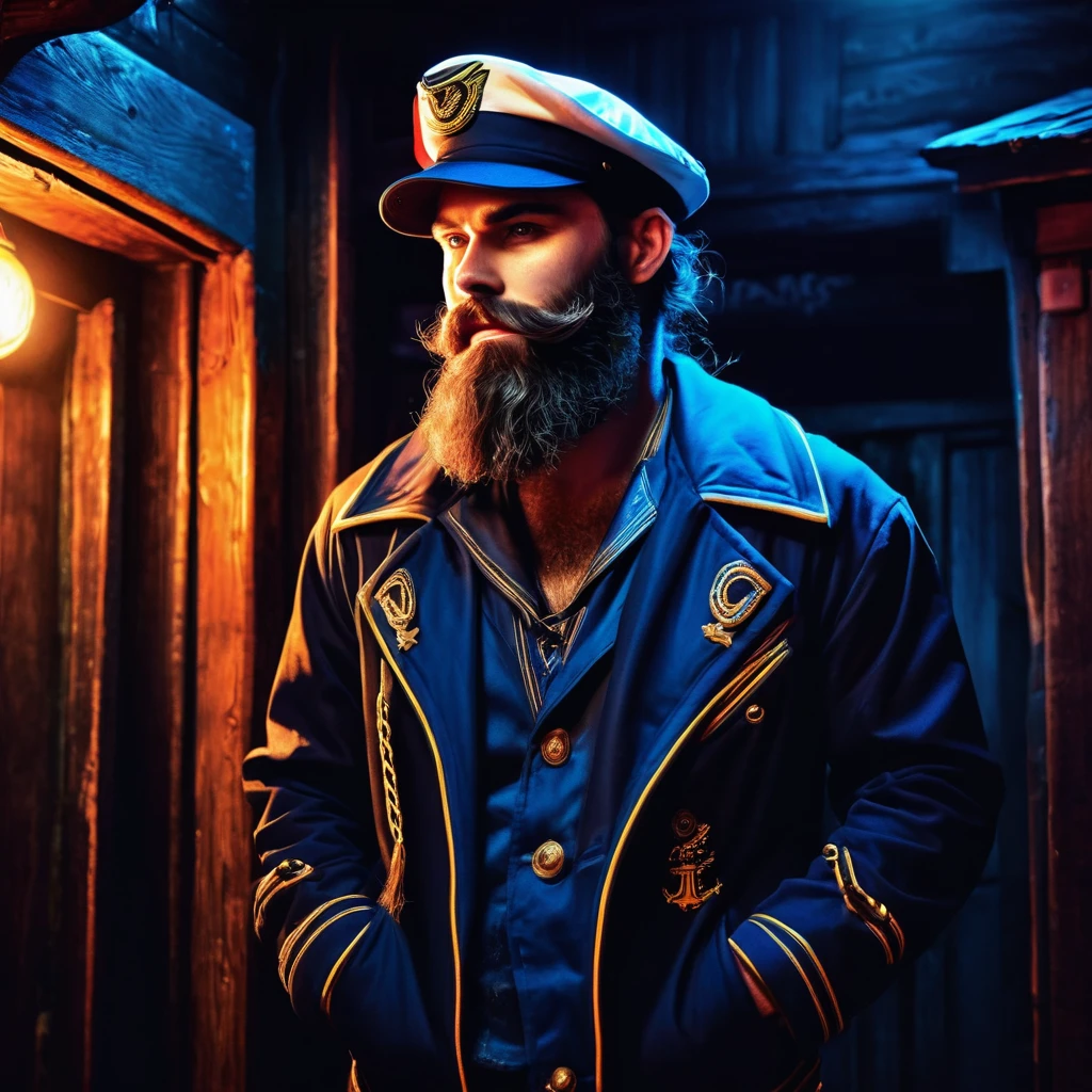 charismatic, sinister bearded sailor, open jacket, cap in half profile, at night, enters the entrance of a tavern, neon dark art
