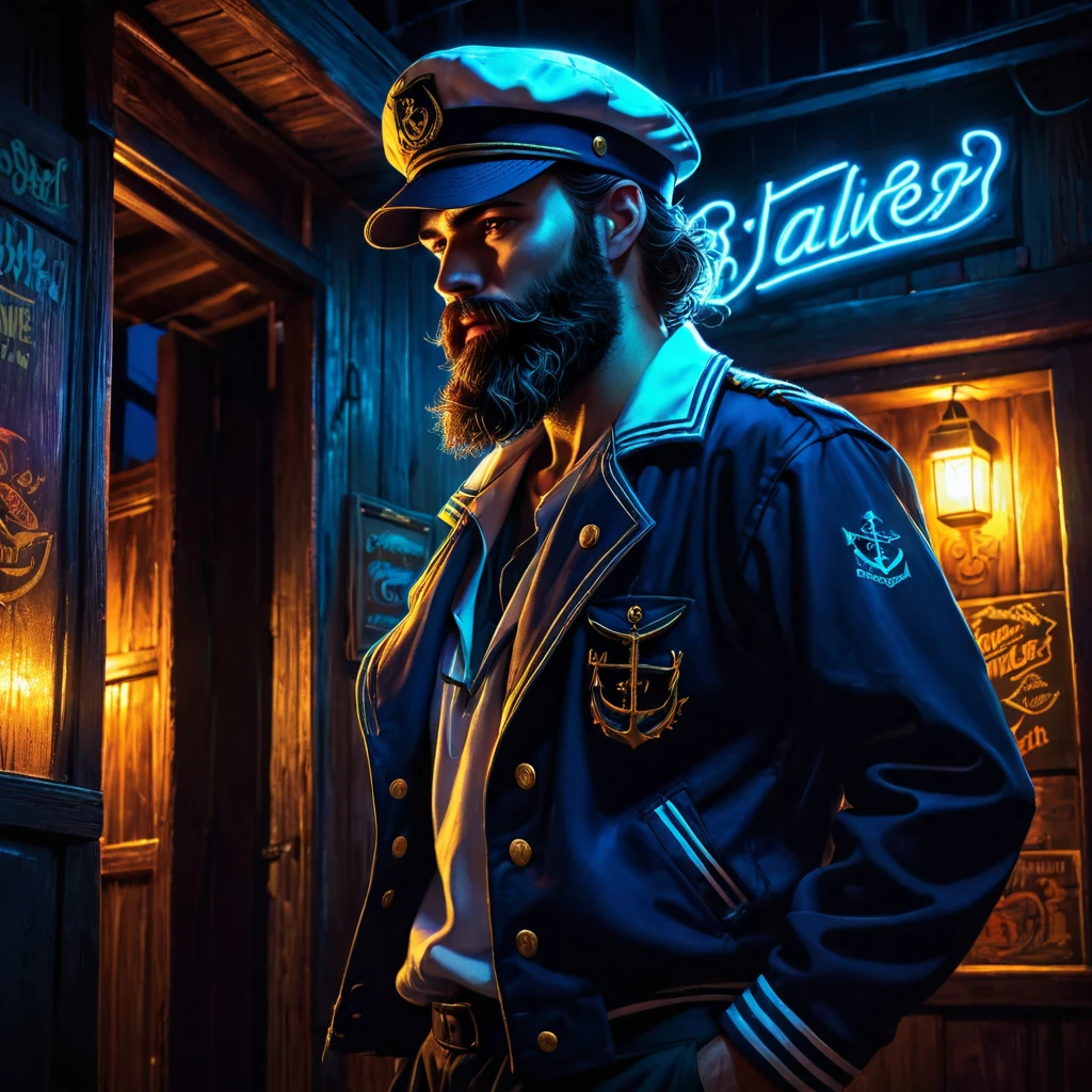 charismatic, sinister bearded sailor, open jacket, cap in half profile, at night, enters the entrance of a tavern, neon dark art