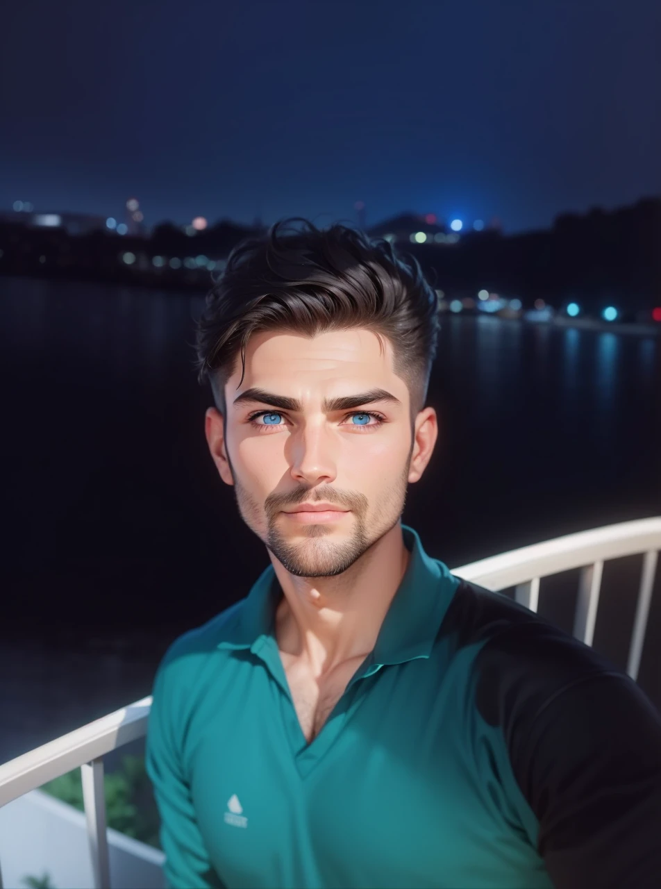 Passport photo of a 37-year-old looking man with pretty blue eyes, beautiful mouth, handsome model face, light beard well done, appearance of being a little bad, hair in black color a little big with style half sideways, 4K ,handsome disney prince, striking eyebrows, demigod greek warrior
