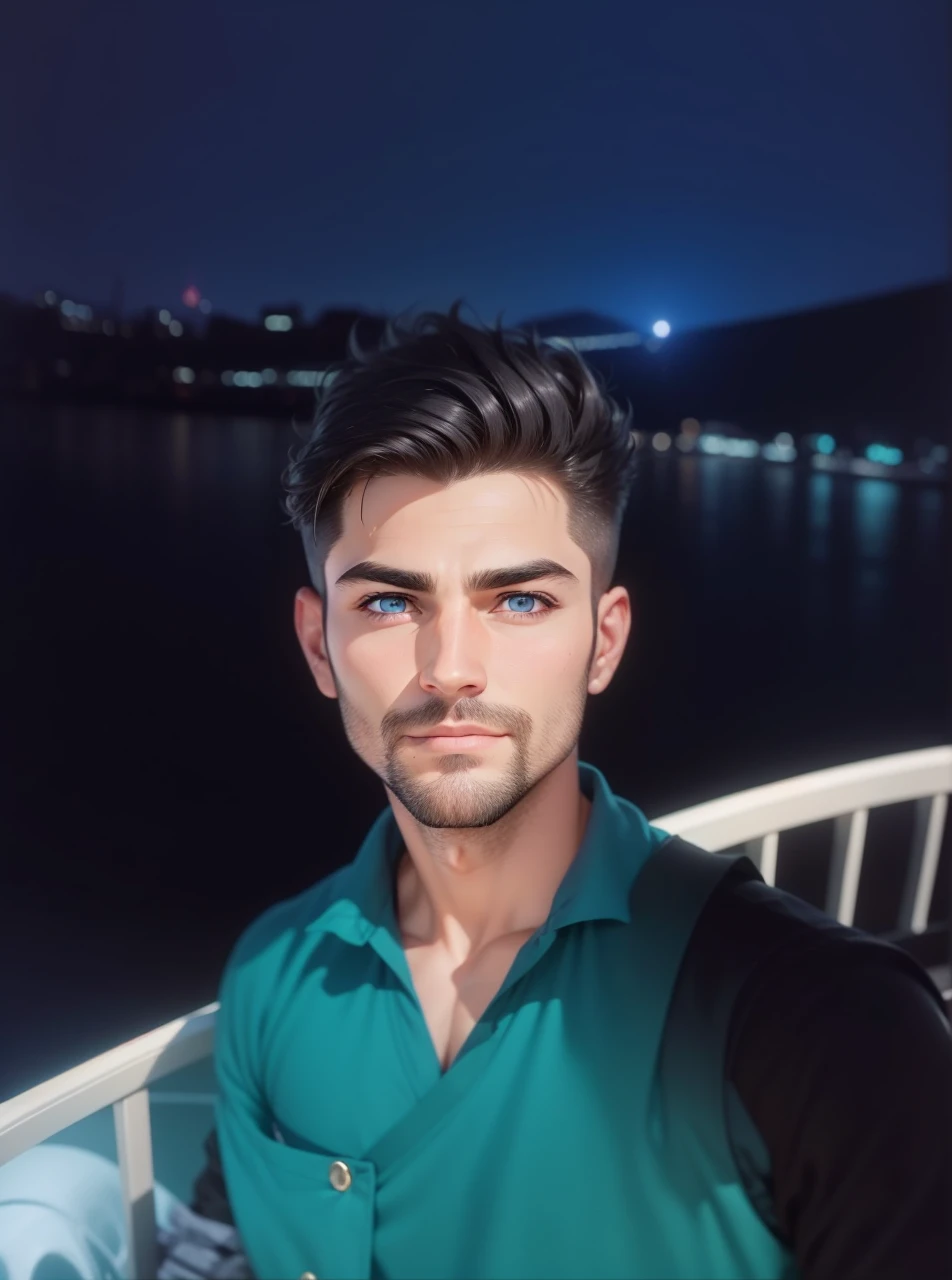 Passport photo of a 37-year-old looking man with pretty blue eyes, beautiful mouth, handsome model face, light beard well done, appearance of being a little bad, hair in black color a little big with style half sideways, 4K ,handsome disney prince, striking eyebrows, demigod greek warrior