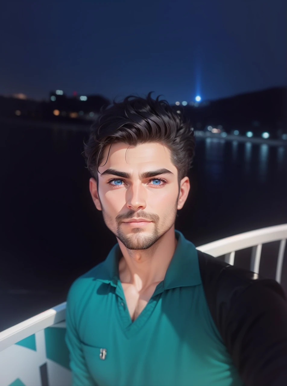 Passport photo of a 37-year-old looking man with pretty blue eyes, beautiful mouth, handsome model face, light beard well done, appearance of being a little bad, hair in black color a little big with style half sideways, 4K ,handsome disney prince, striking eyebrows, demigod greek warrior