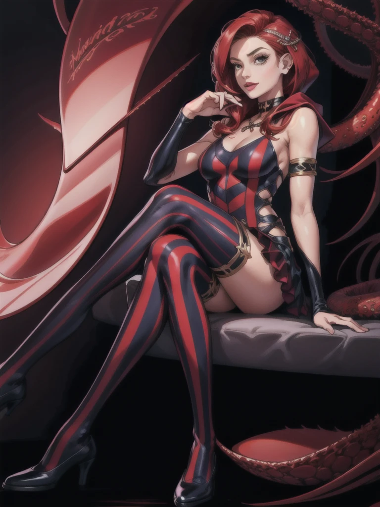 Perfect eyes:1.2, detailed eyes:1.4, realistic:1.4, shaded face, Red hair, hair over shoulder, robe, e.g, fringe, tentacles, Argyll, checkered, neckline in clothes, Striped Thighhighs, black and red vertical striped knee socks, draw up, pomade, hood, split, Sitting, 1 girl, One, (masterpiece:1.6, Best quality),