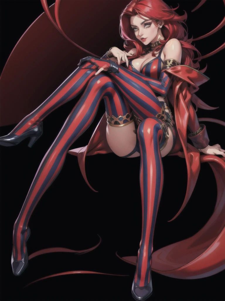 Perfect eyes:1.2, detailed eyes:1.4, realistic:1.4, shaded face, Red hair, hair over shoulder, robe, e.g, fringe, tentacles, Argyll, checkered, neckline in clothes, Striped Thighhighs, black and red vertical striped knee socks, draw up, pomade, hood, split, Sitting, 1 girl, One, (masterpiece:1.6, Best quality),