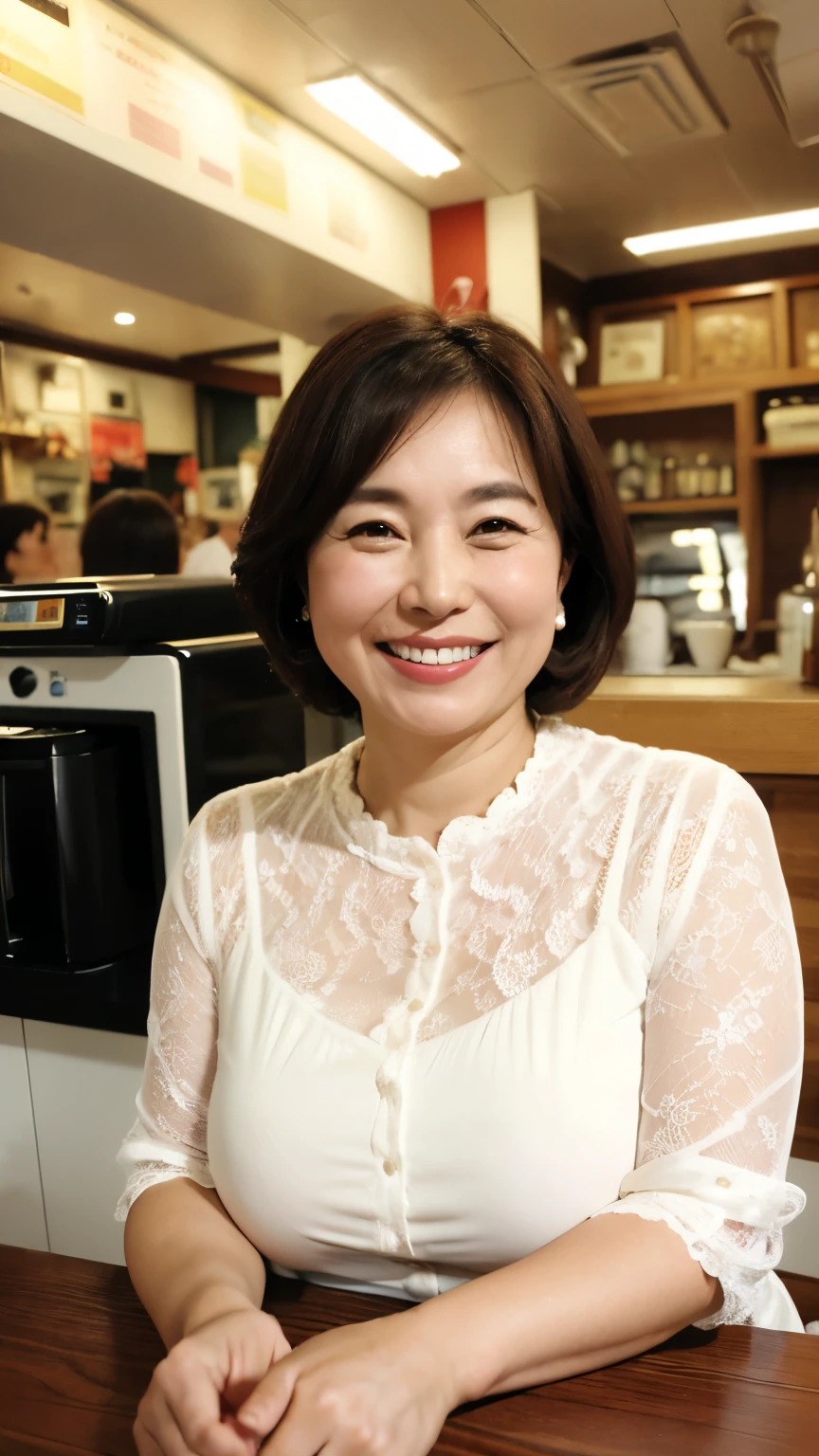 8k wallpaper, masterpiece, Highest quality, Super detailed, One Mature Woman, 50 years old, Become very clear, Wearing a short-sleeved blouse, Skin dents, Captivating smile, Looking at the audience, , plump, Curvaceous, Fascinating face, Smiling with teeth showing, Wrinkles around the eyes, Sit at a coffee shop, Background Blur