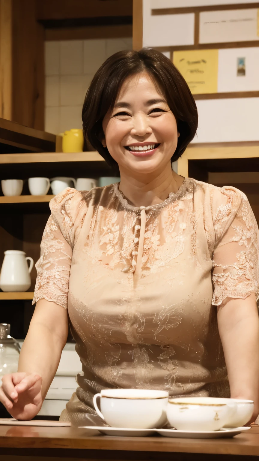 8k wallpaper, masterpiece, Highest quality, Super detailed, One Mature Woman, 50 years old, Become very clear, Wearing a short-sleeved blouse, Skin dents, Captivating smile, Looking at the audience, , plump, Curvaceous, Fascinating face, Smiling with teeth showing, Wrinkles around the eyes, Sit at a coffee shop, Background Blur