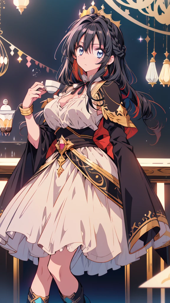 best quality, extremely detailed, anime style adult 1girl, long hair down to the waist, straight hair, ((dark black hair with bluish)),crown braid,beautiful detailed eyes, pinched eyes, dark blue eyes, huge breasts,curvy,(((café motif magical colorful dress))),café decoration,longskirt,Clothing with intricate decorations,feather and colorful accessory,((foppery shoes)),fluttering cloak,animation cap,animated gif,((((café))))