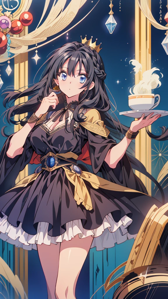 best quality, extremely detailed, anime style adult 1girl, long hair down to the waist, straight hair, ((dark black hair with bluish)),crown braid,beautiful detailed eyes, pinched eyes, dark blue eyes, huge breasts,curvy,(((café motif magical colorful dress))),café decoration,longskirt,Clothing with intricate decorations,feather and colorful accessory,((foppery shoes)),fluttering cloak,animation cap,animated gif,((((café))))