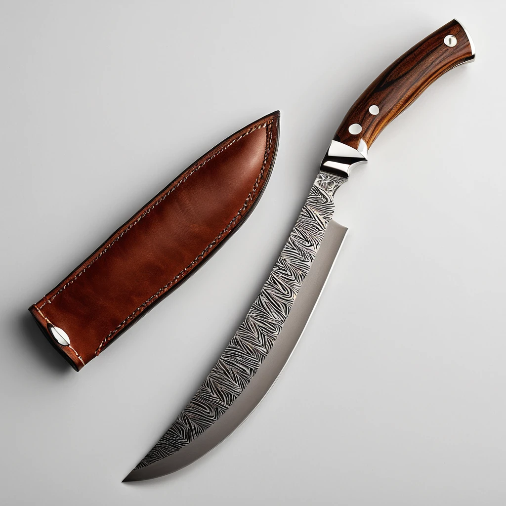 Hyper-realistic product photography of a premium chef's knife, 8K resolution, professional studio lighting. 8-inch blade, VG-10 steel core with distinct 33-layer Damascus pattern, intricate wavy ripples visible along entire blade length. Blade has a razor-sharp, hand-finished edge with a visible bevel. Mirror-polished finish reflecting studio lights.
Handle made of resin-infused wood, warm medium brown color with visible natural wood grain. Subtle shimmer from resin infusion, enhancing the wood's natural beauty. Ergonomic shape, slightly contoured for comfort, width tapering from bolster to butt.
Full tang construction, with the tang visible at the butt of the handle. Three stainless steel rivets securing handle scales, polished to a satin finish. Subtle logo etching near the blade heel, reading 'Smart-Edge' in an elegant, minimalist font.
Knife balanced on its edge on a premium walnut cutting board. High-quality brown leather sheath placed beside the knife, with precise stitching and a subtle embossed logo.
Lighting setup: Main light source from upper left creating a gradient along the blade, fill light from lower right to highlight Damascus pattern and wood grain. Soft box reflection visible on polished blade surface.
Background: Clean, minimalist light grey backdrop fading to white at the edges.
Composition: Knife angled at 45 degrees to the camera, blade facing right. Sheath parallel to knife, slightly behind. A sprig of fresh herbs (like rosemary or thyme) in the lower left corner for context and scale.
Style: Ultra-detailed product photography, focus stacked for sharpness throughout, suitable for premium e-commerce listings. Image should convey quality, practicality, and approachable luxury.