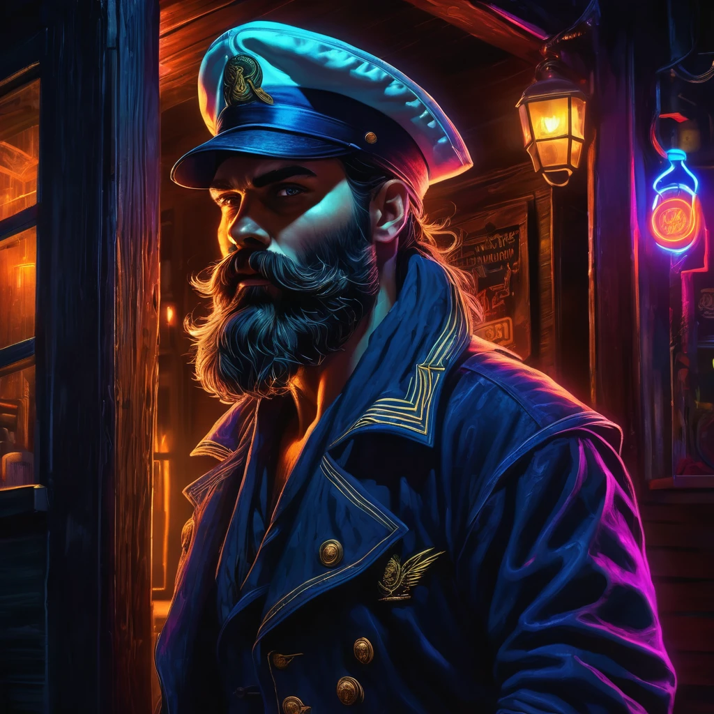 charismatic, sinister bearded sailor, open jacket, cap in half profile, at night, enters the entrance of a tavern, neon dark art