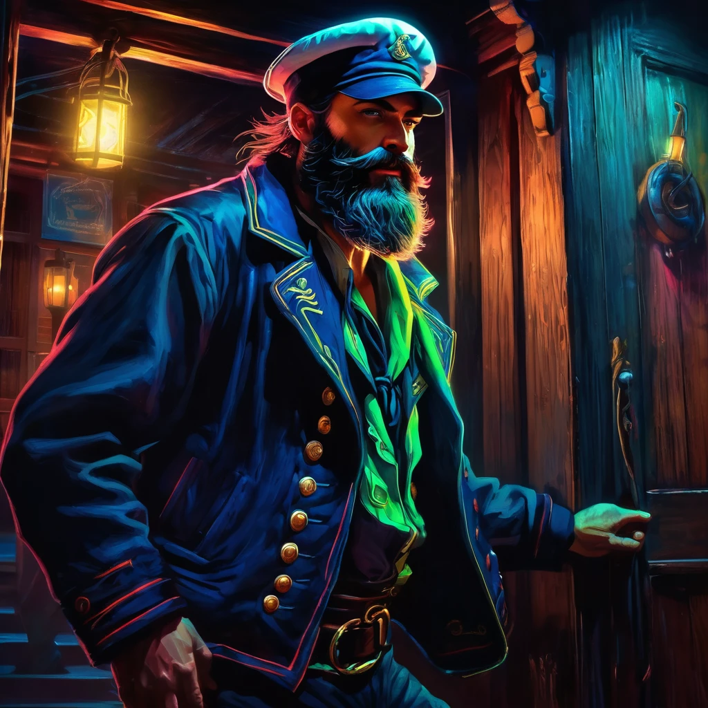 charismatic, sinister bearded sailor, open jacket, cap in half profile, at night, enters the entrance of a tavern, neon dark art