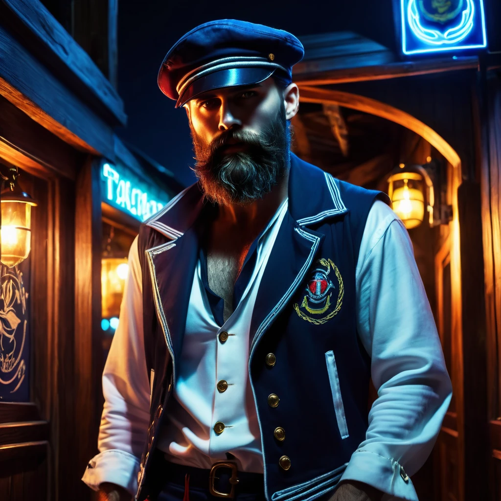 charismatic, sinister bearded sailor, open jacket, cap in half profile, at night, enters the entrance of a tavern, neon dark art