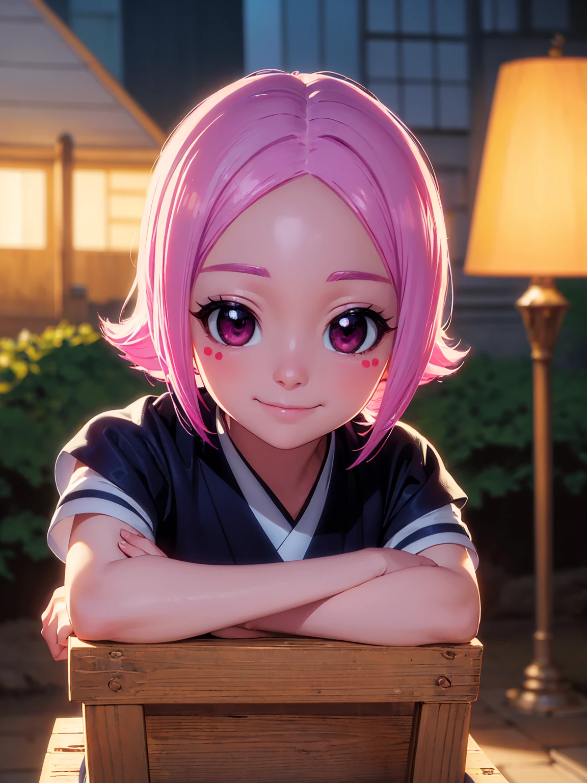 ((ultra detailed work)) , ((vivid colors solar lighting)) , ((face detailed)) , ((body detailed)) a teenage girl sitting with her arms crossed on a bench looking at the viewer with a beautiful smile. Yachiru to update