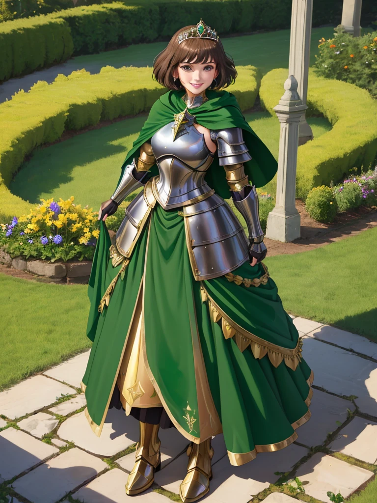 masterpiece, best quality:1.2), 1girl, smile, looking at viewer, green eyes, short brown hair, princess, armor, , pauldrons, armored dress, green cloak cape, wearing puffy blue ballgown skirt, golden tiara with green gem, armored boots, fingerless gloves, standing in medieval garden