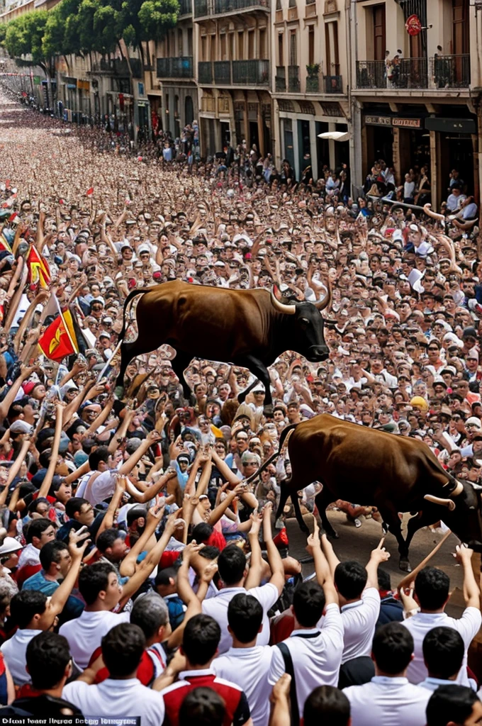 Clear photograph of a street at the San Fermín festival in which bulls are seen chasing a man in a wheelchair in the middle of the crowd