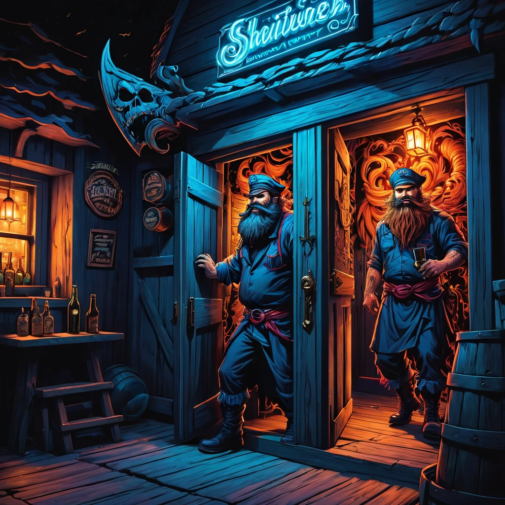 charismatic, sinister bearded sailor, open jacket, cap in half profile, at night, enters the entrance of a tavern, neon dark art