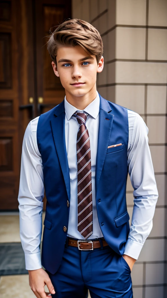 19 year old male wearing tie and lomg sleveed  button up with blazer and vest with dress pants and belts
4K HIGH REZ 

Physical Description: Brown colored hair and skinny build. 5"5 and 150 LB. Blue eyes. 

.