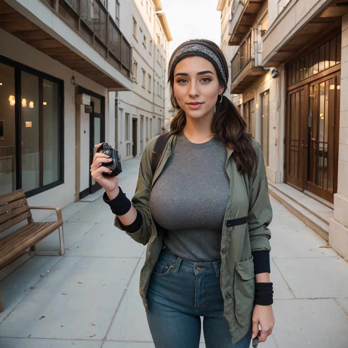 Extremely busty thin and toned brunette photographer, college girl, fair skin, loose ponytail, soft face, athletic, bandana babushka headwrap, tight olive green casual windbreaker, skinny jeans. standing in front of her apartment building, outdoors, city, camera bag, cleavage
