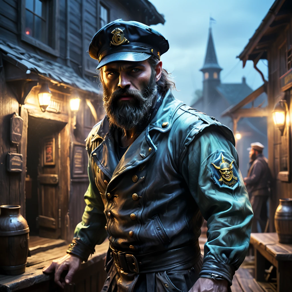 charismatic, sinister bearded sailor, open jacket, cap in half profile, at night, enters the entrance of a tavern, neon dark art