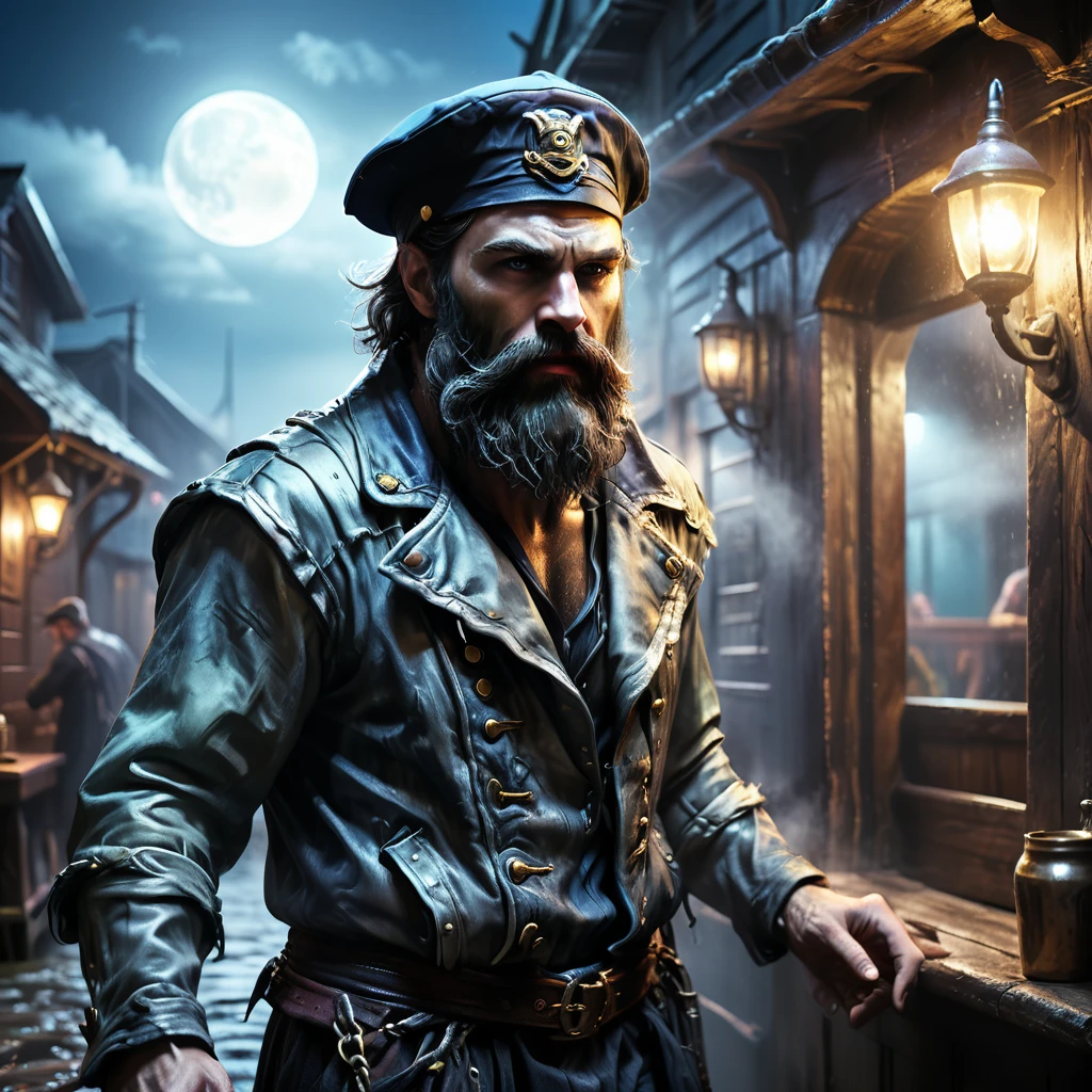 charismatic, sinister bearded sailor, open jacket, cap in half profile, at night, enters the entrance of a tavern, neon dark art
