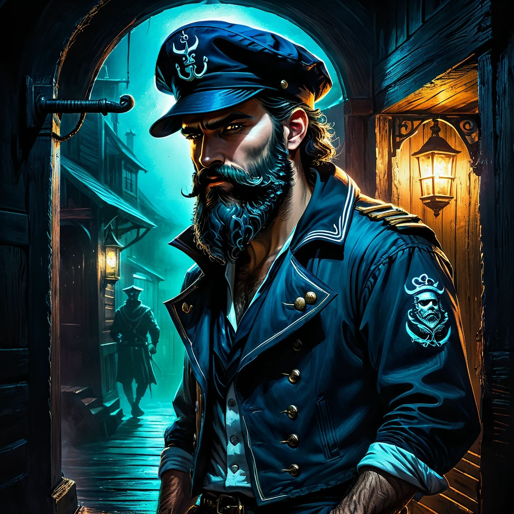 charismatic, sinister bearded sailor, open jacket, cap in half profile, at night, enters the entrance of a tavern, neon dark art