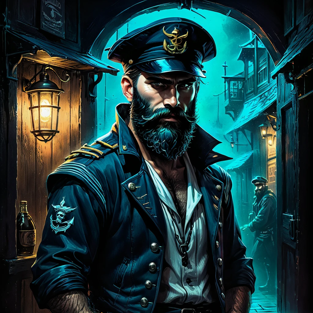charismatic, sinister bearded sailor, open jacket, cap in half profile, at night, enters the entrance of a tavern, neon dark art